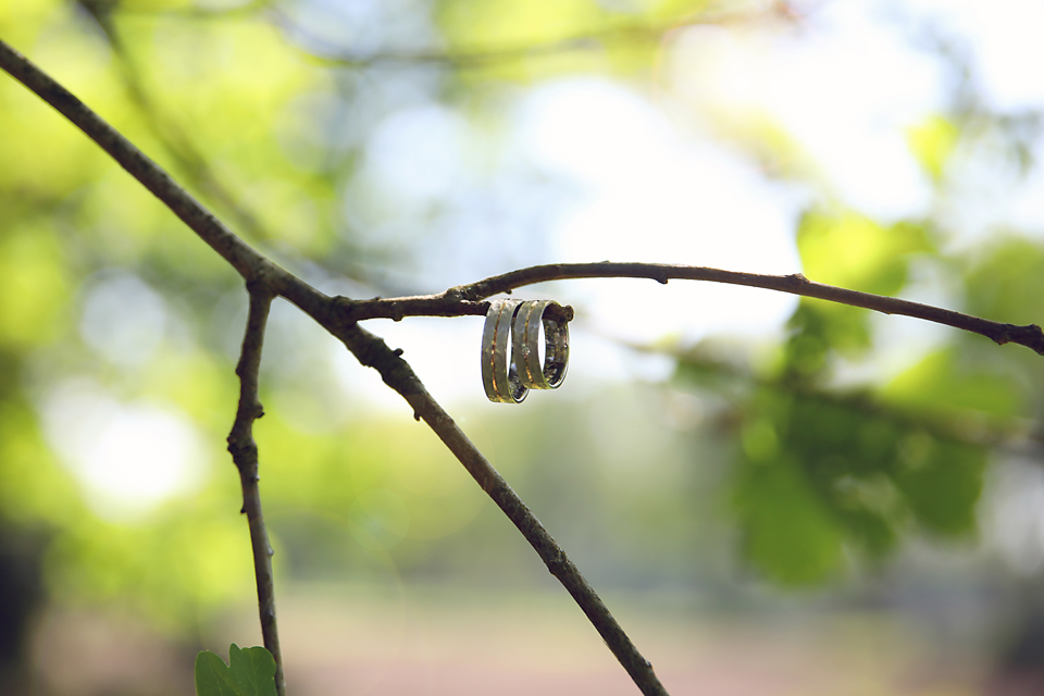 Trouwringen aan een takje in de natuur, huwelijksdetail