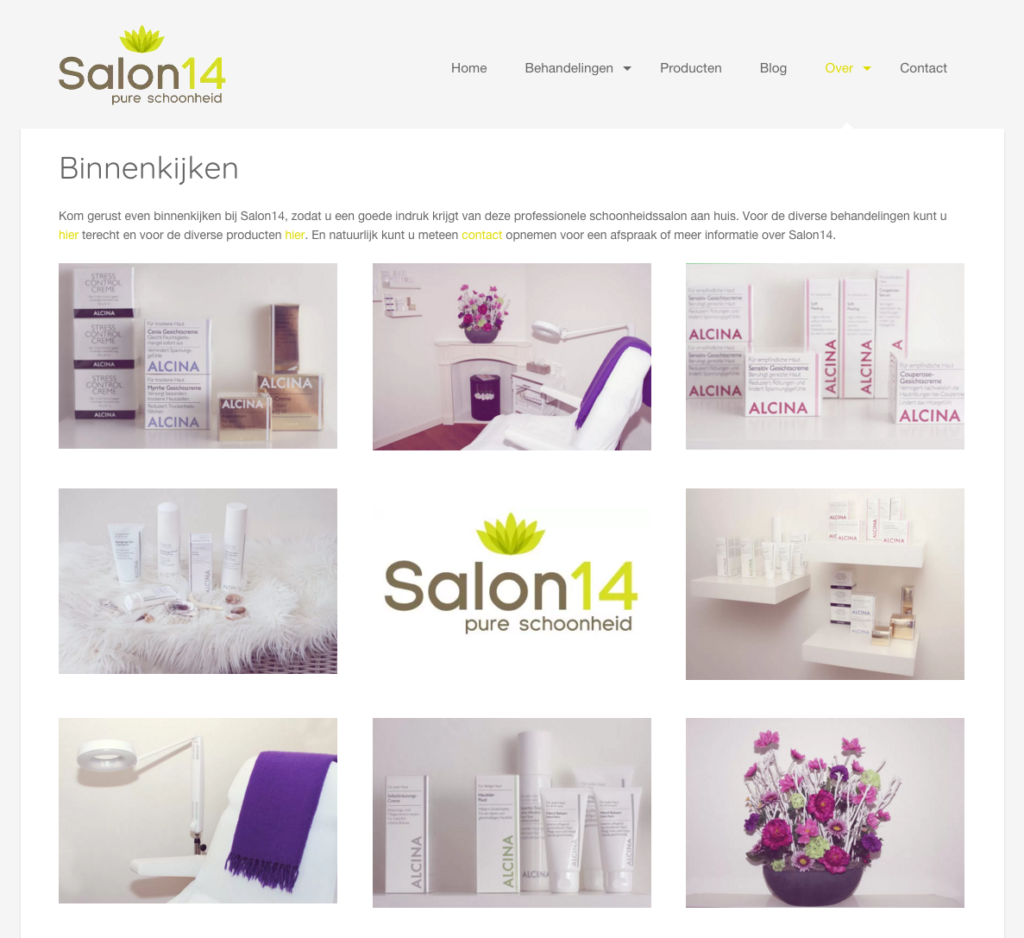 Website van een schoonheidssalon met interieurfoto's