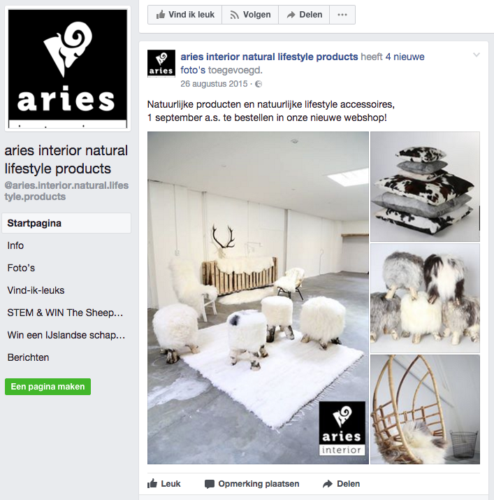 Facebookpagina van een interieurwinkel met productfoto's