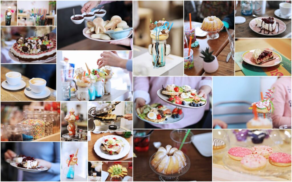 Collage van food- en horecafoto's van een restaurant