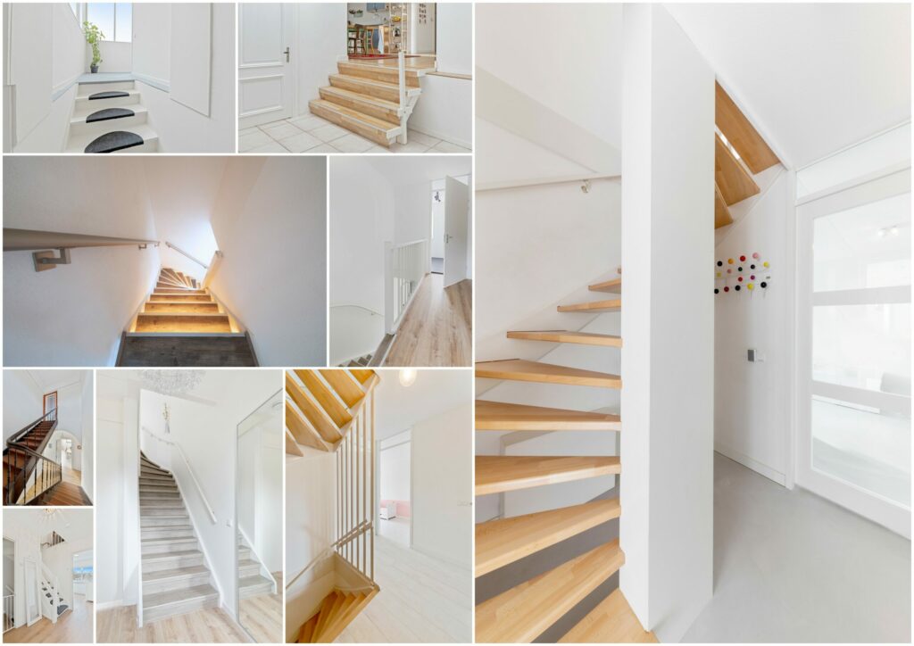 Collage van een lichte hal met houten trap, vastgoedfotografie