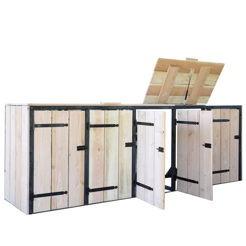 Houten containerombouw met open klep, productfotografie