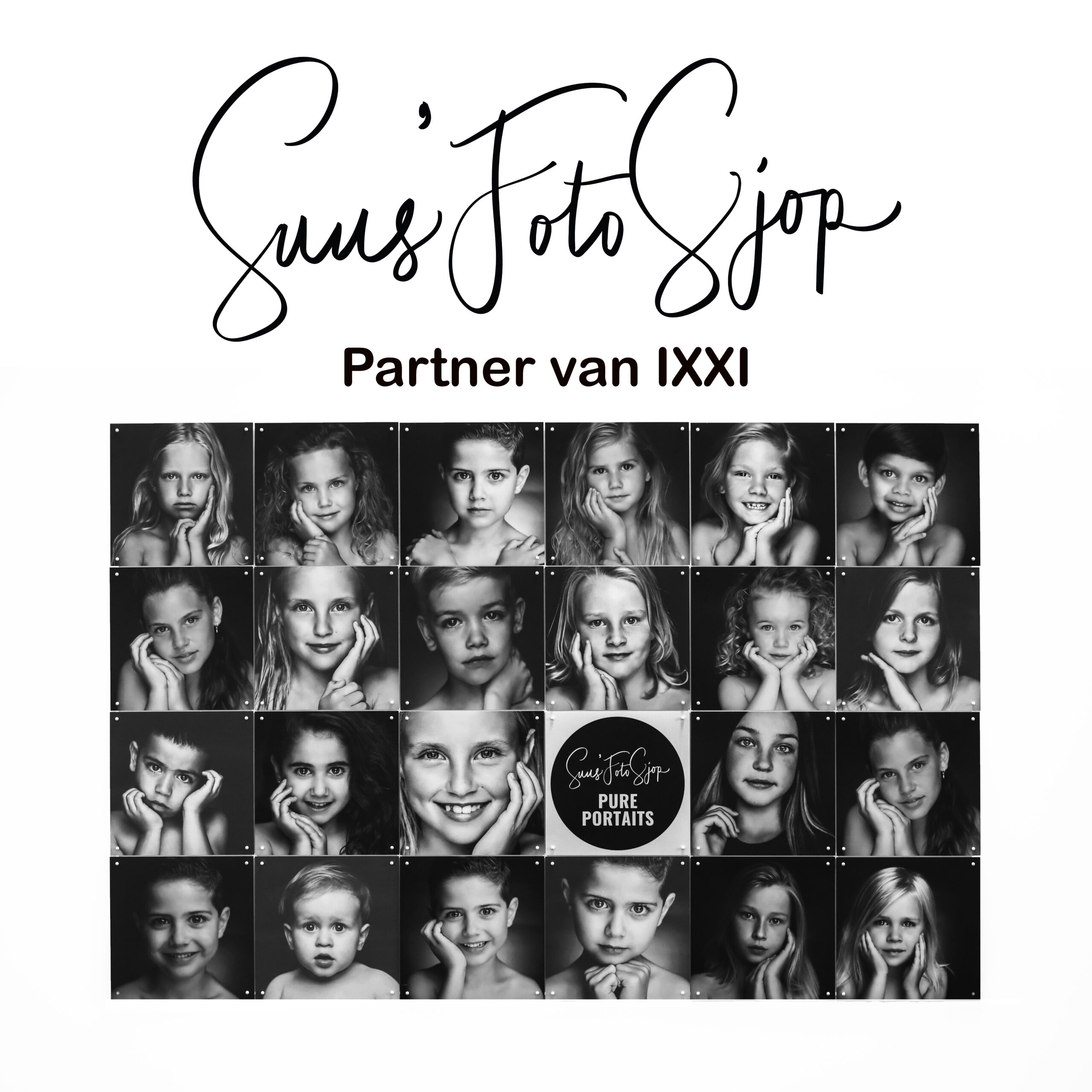 Fotowand van IXXI met zwart-witportretten, Suus' FotoSjop partner van IXXI