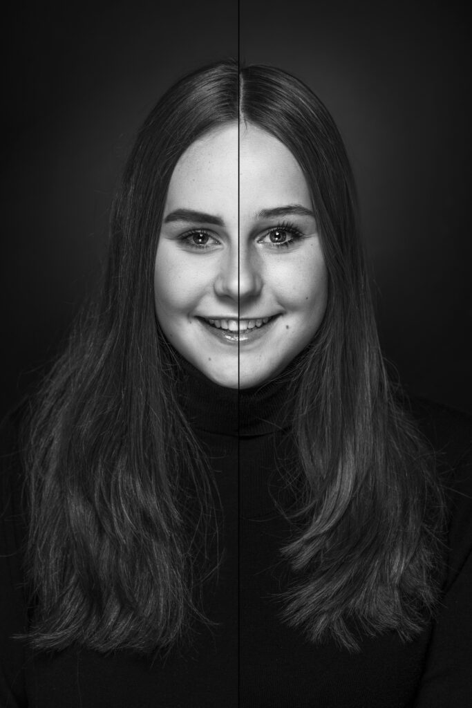 Portret van een meisje met donker haar, half kleur en half zwart-wit