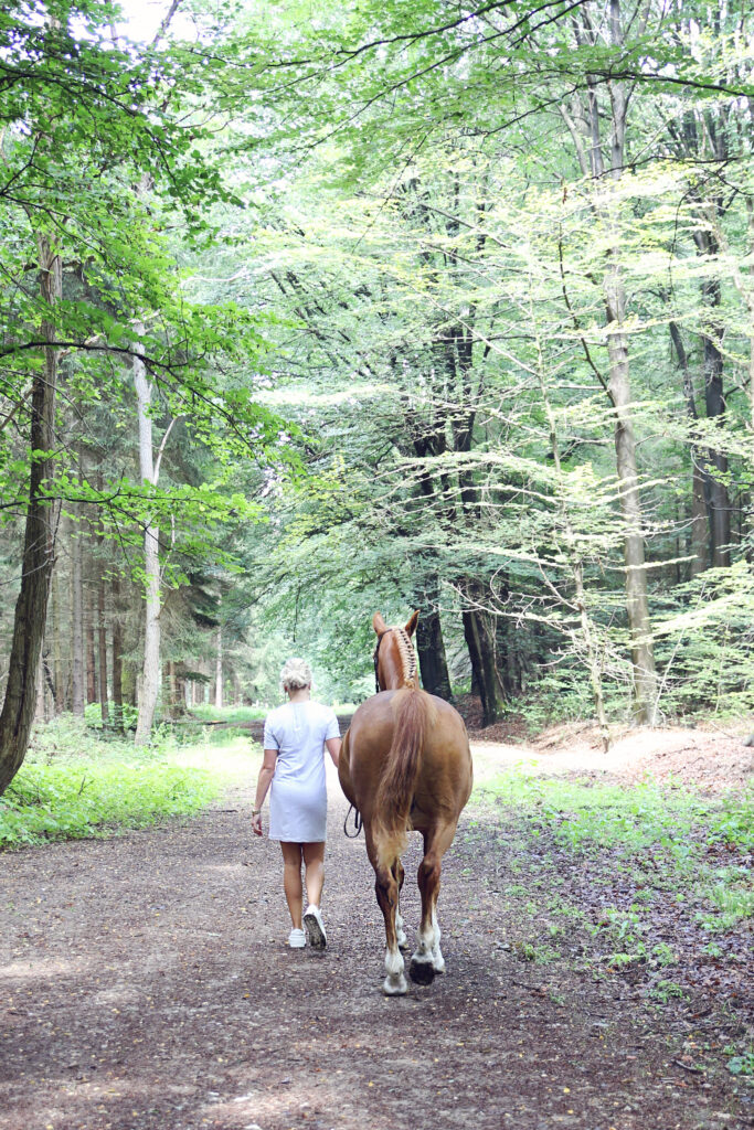 Vrouw loopt met haar paard over een bospad