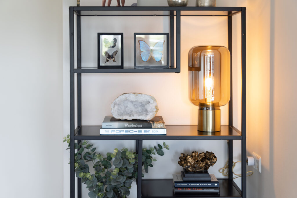 Zwarte wandkast met decoratie en lamp, interieurstyling