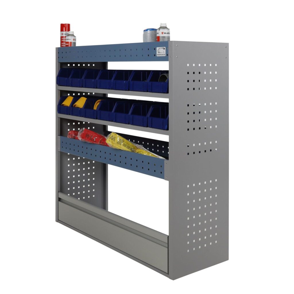 Metalen bedrijfswageninrichting met bakjes, productfotografie