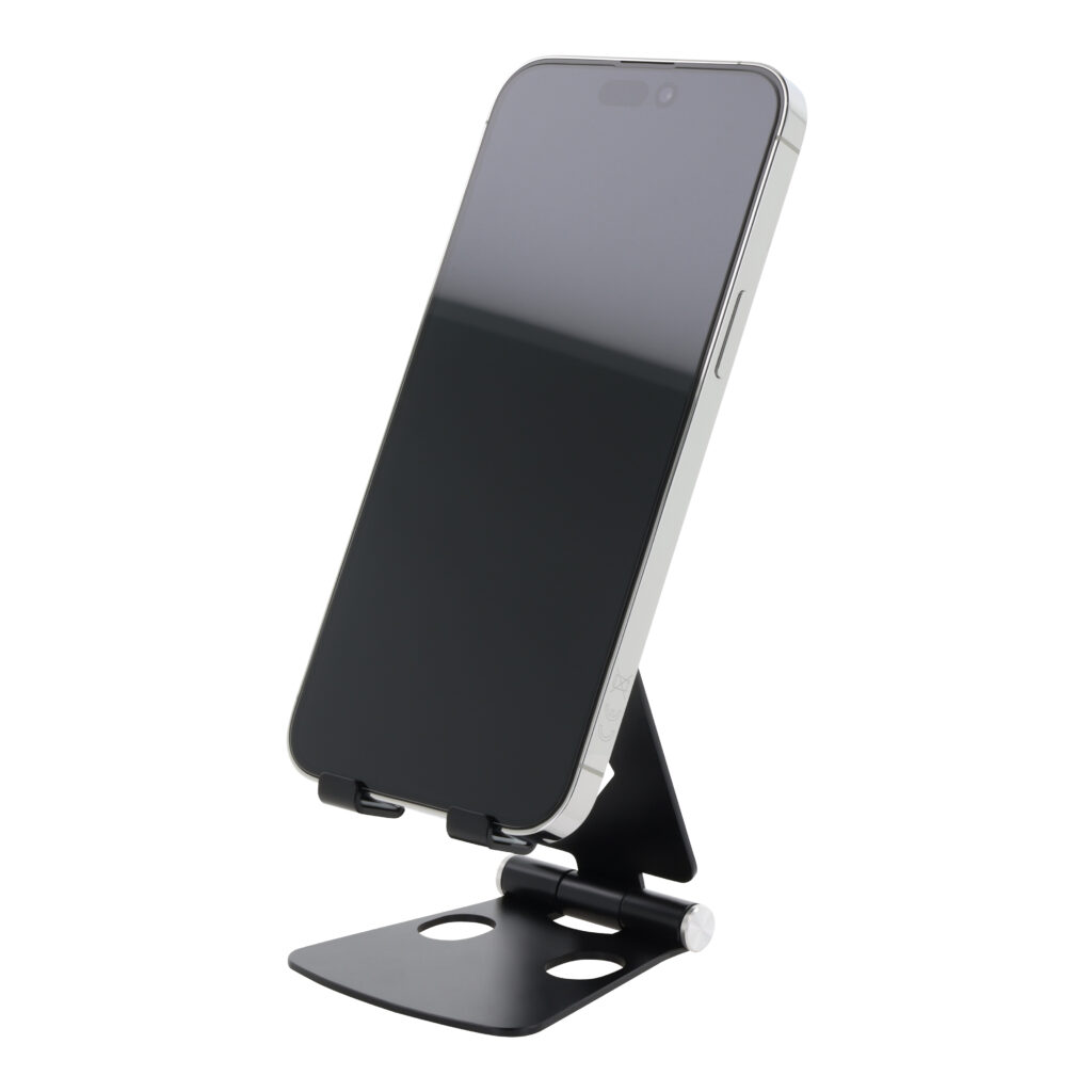 Zwarte telefoonstandaard met smartphone, packshot
