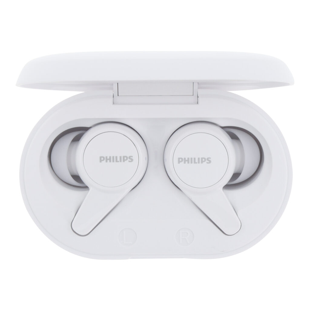 Witte draadloze oordopjes in een open case, packshot