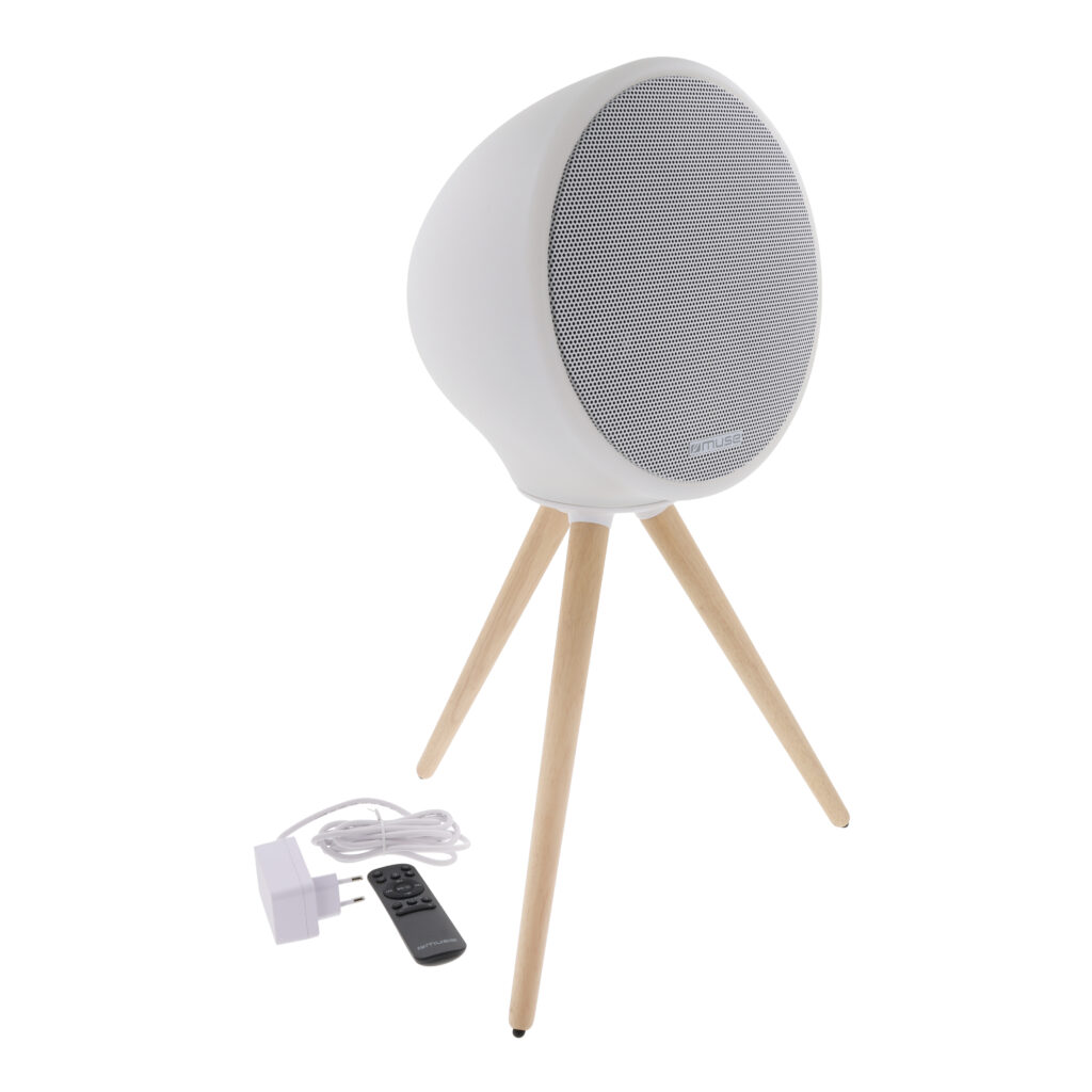 Witte bluetooth-speaker op een houten driepoot, productfotografie