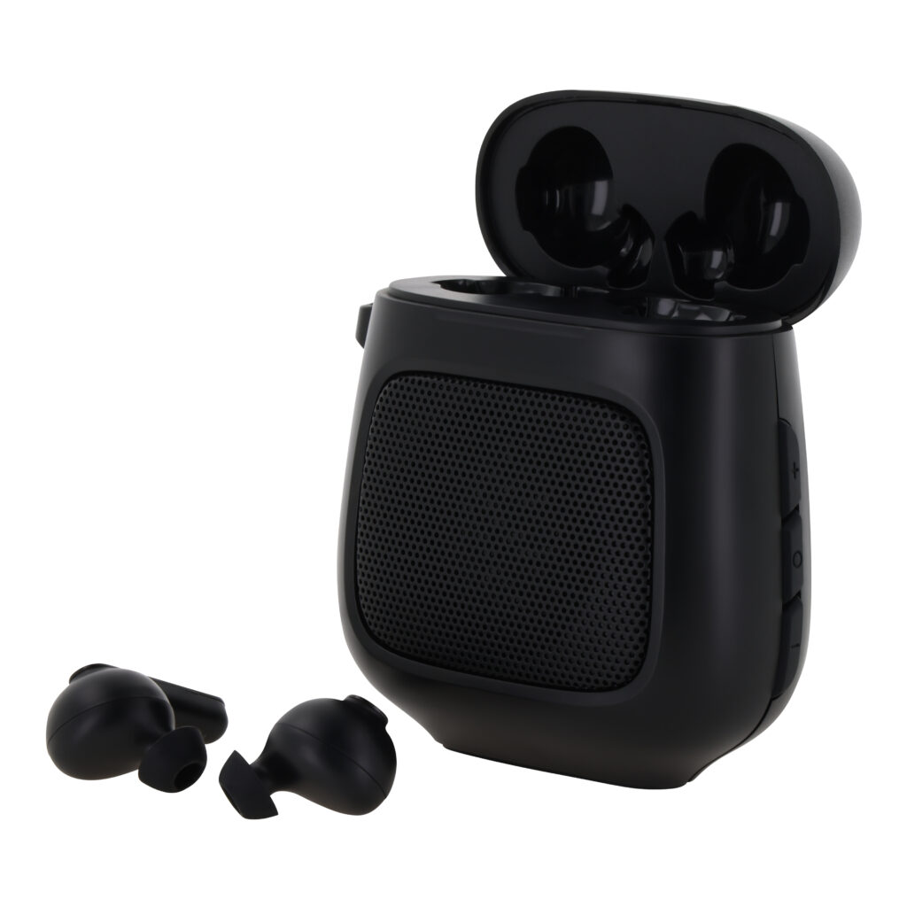 Zwarte draadloze oordopjes met oplaadcase, productfoto
