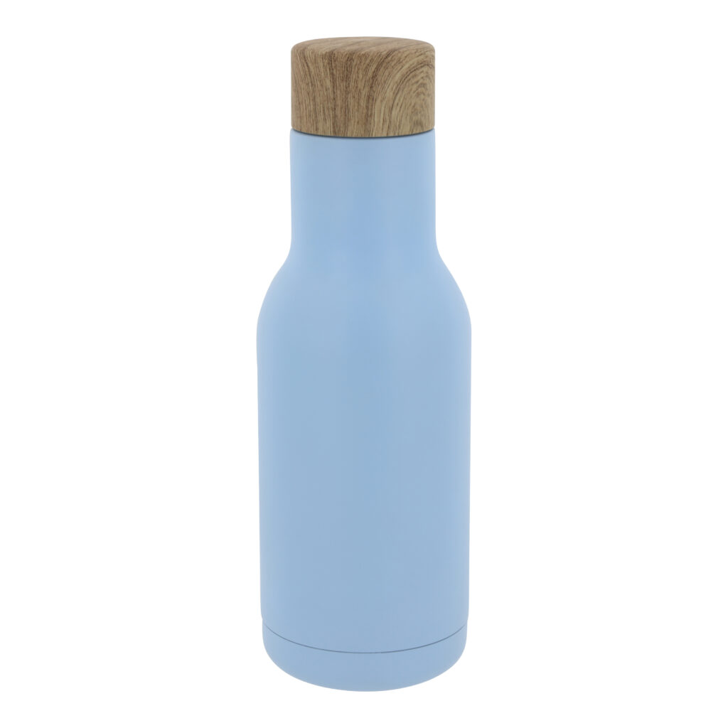 Lichtblauwe thermosfles met houten dop, productfoto