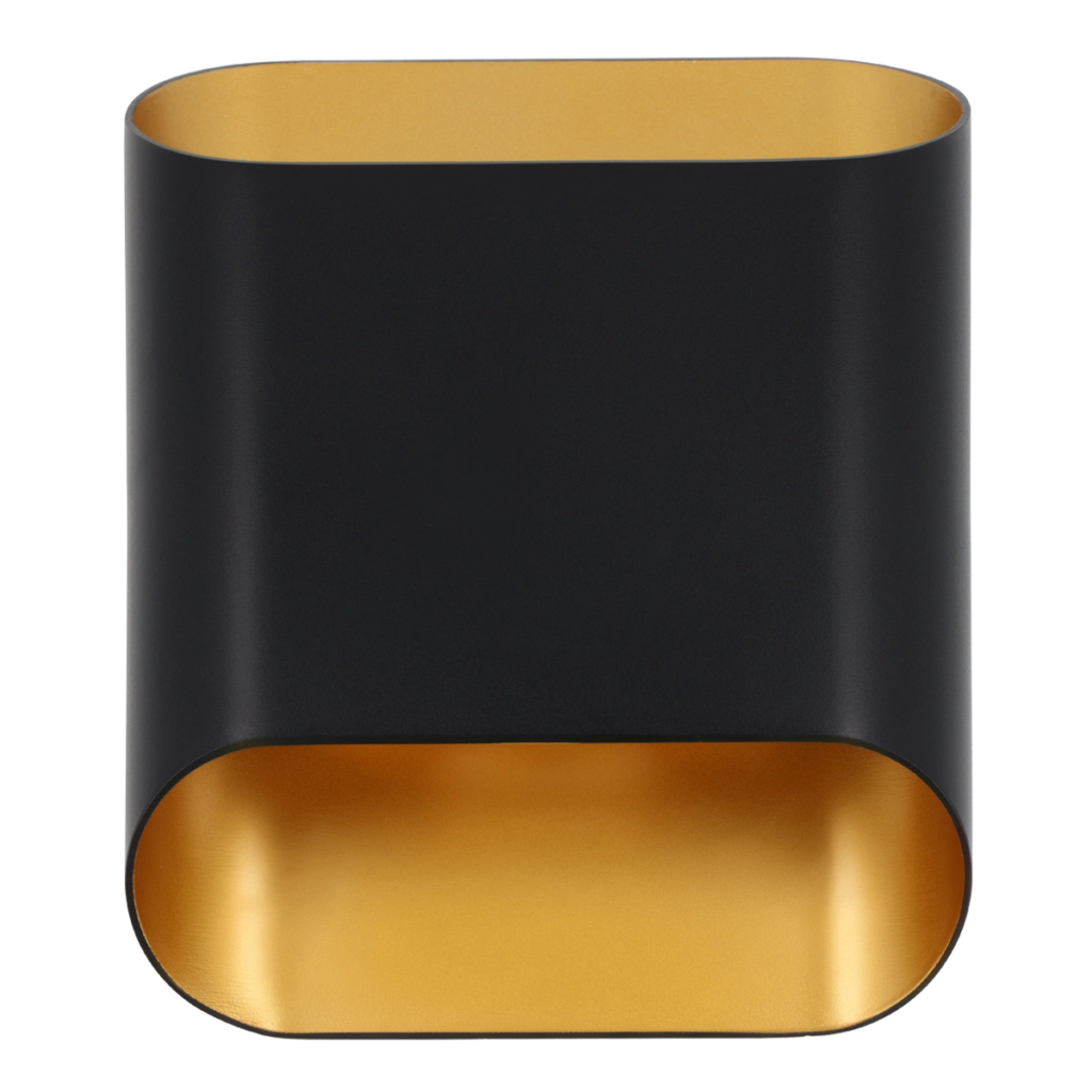 Zwart-gouden wandlamp op wit, packshot