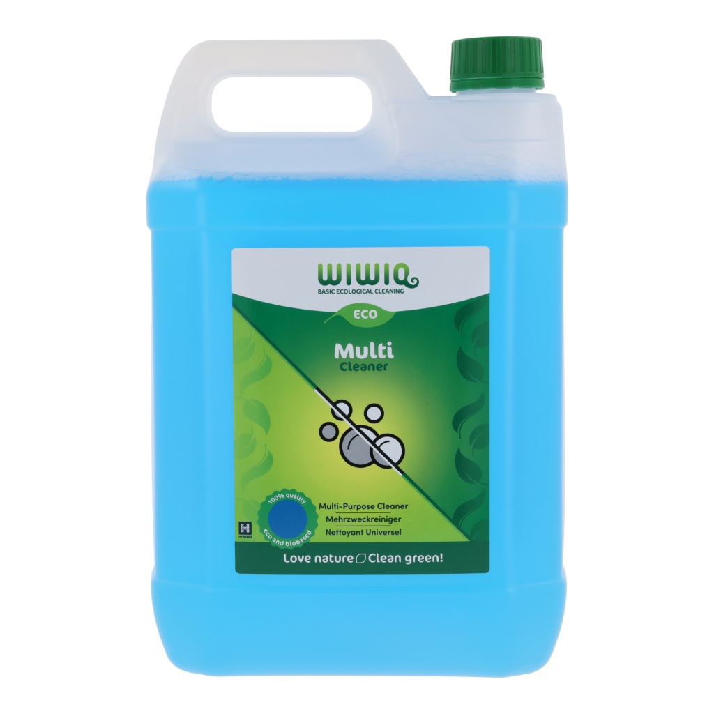 Blauwe jerrycan met reinigingsmiddel op wit, packshot