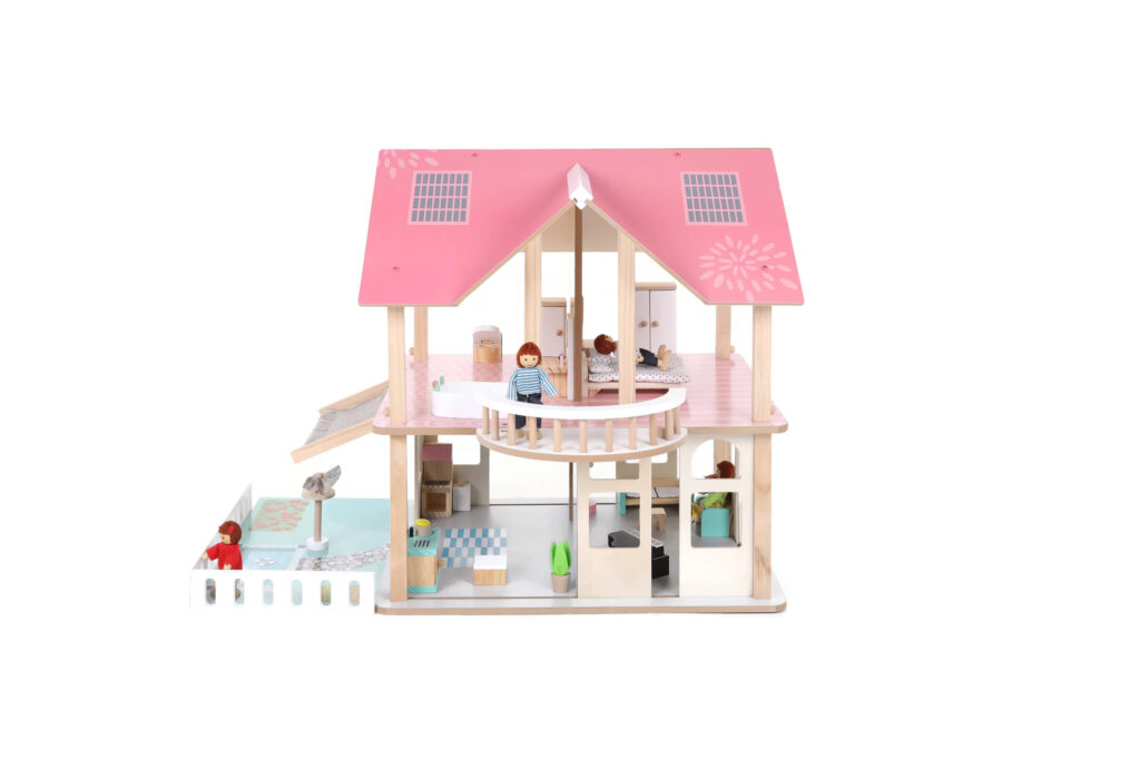 Houten poppenhuis met roze dak, productfoto